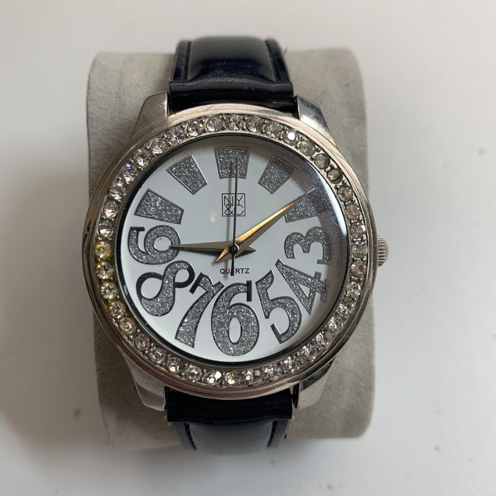 NY&C Watch Women Silver Tone Rhinestone Black Leather Band